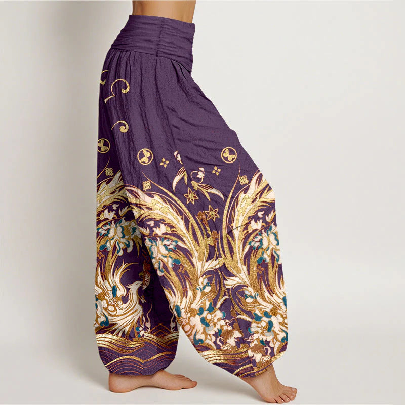 Buddha Stones Cotton Phoenix Butterfly Flower Pattern Women's Elastic Waist Harem Pants