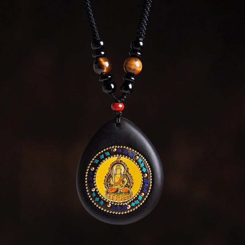 Buddha Stones Chinese Zodiac Natal Buddha Ebony Wood Tiger Eye Black Onyx Calm Necklace Pendants