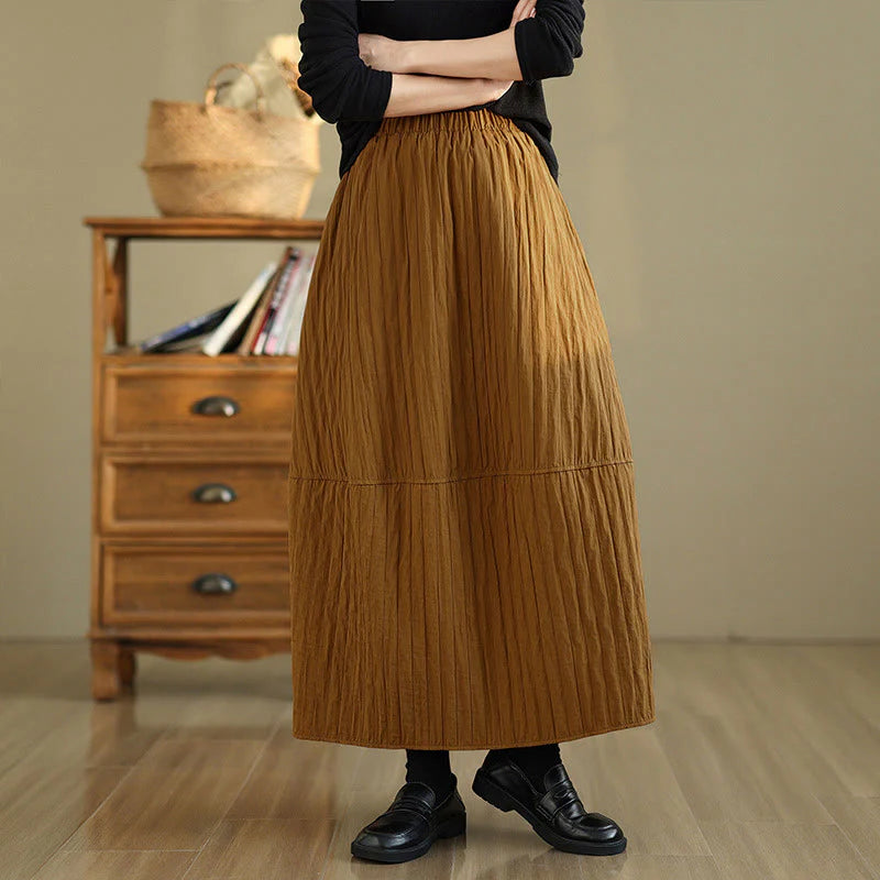 Buddha Stones Plain Pleats Design Elastic Waist Women's Thermal Skirt With Pockets