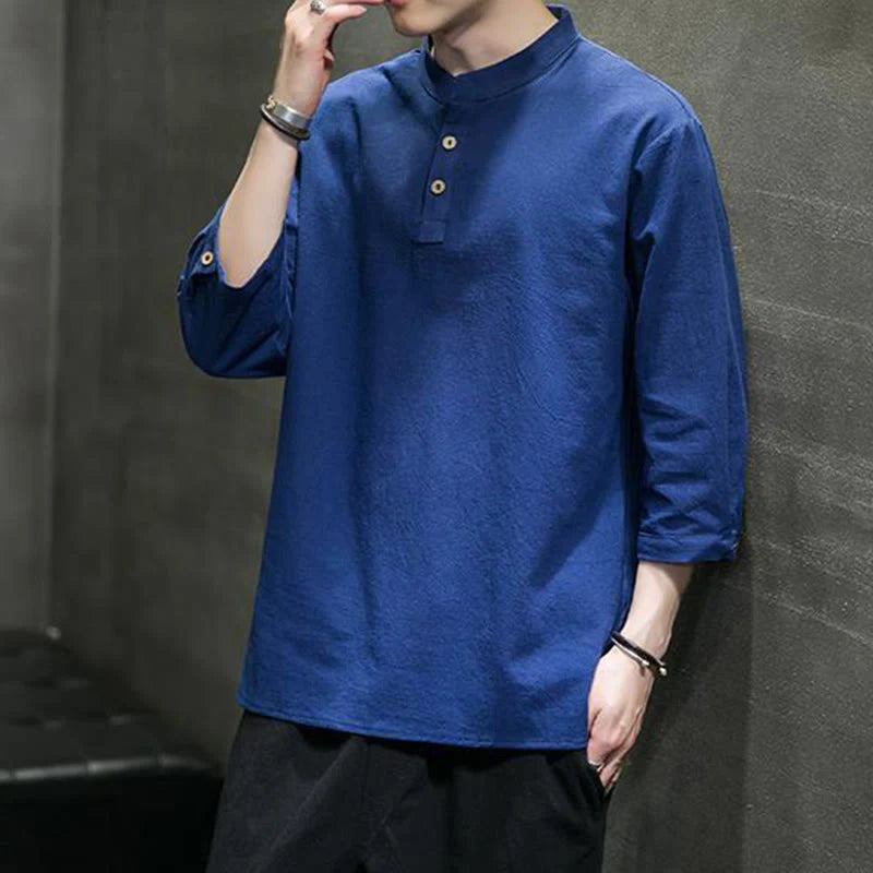 Buddha Stones Vintage Causal Pure Color Stand Collar Men's Three Quarter Sleeve Cotton Linen Shirt