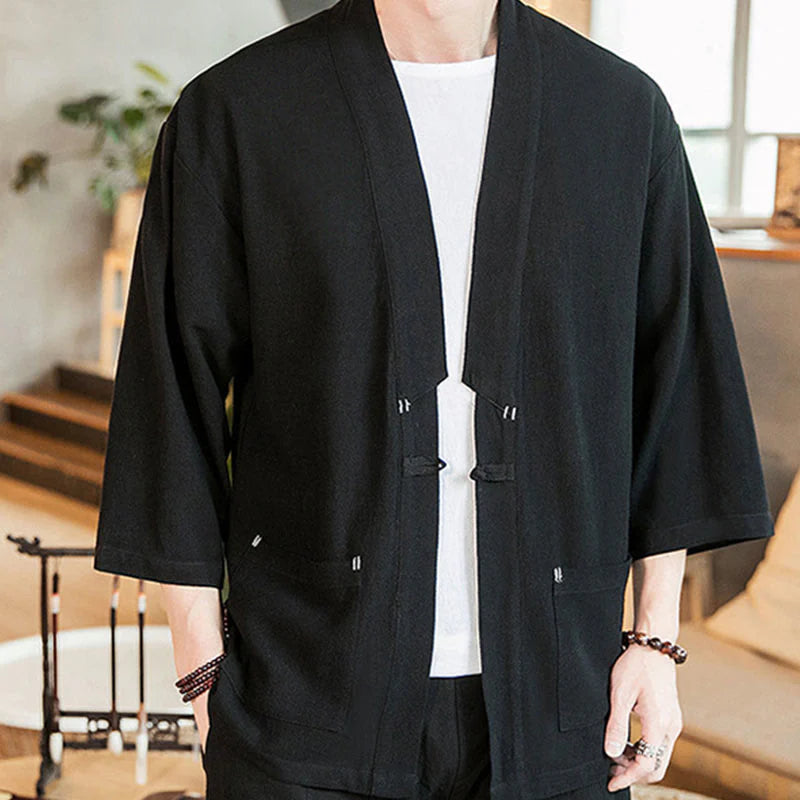 Buddha Stones Plain Chinese Frog-Button Jacket Cotton Linen Men's Three Quarter Sleeve Kimono