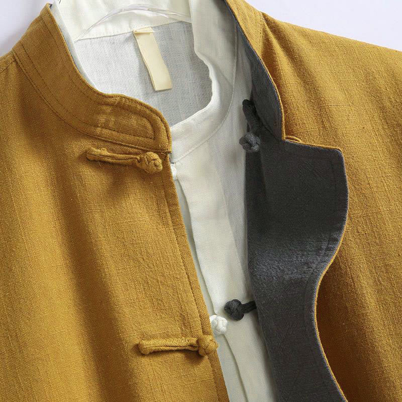 Buddha Stones Spring Chinese Reversible Men's Frog-Button Cotton Long Sleeve Jacket