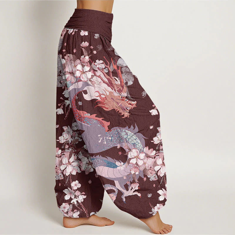 Buddha Stones Cotton Casual Dragon Cherry Blossoms Women's Elastic Waist Harem Pants
