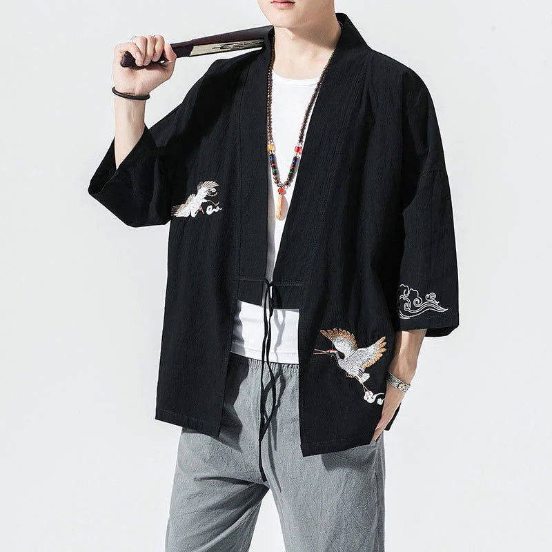 Buddha Stones Embroidery Open Front Jacket Cotton Linen Men's Three Quarter Sleeve Kimono