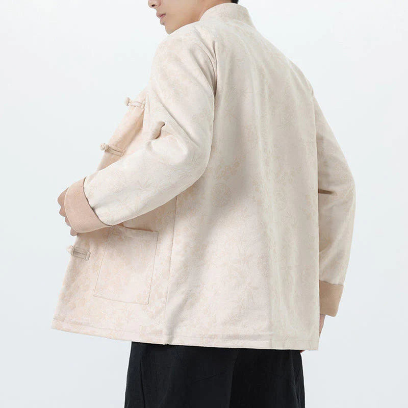 Buddha Stones Fall Jacquard Bamboo Frog-button Long Sleeve Men's Cotton Jacket With Pockets