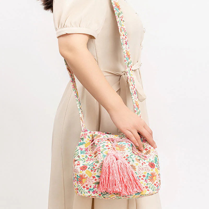 Buddha Stones Colorful Geometry Flowers Print Canvas Bucket Crossbody Bag Shoulder Bag