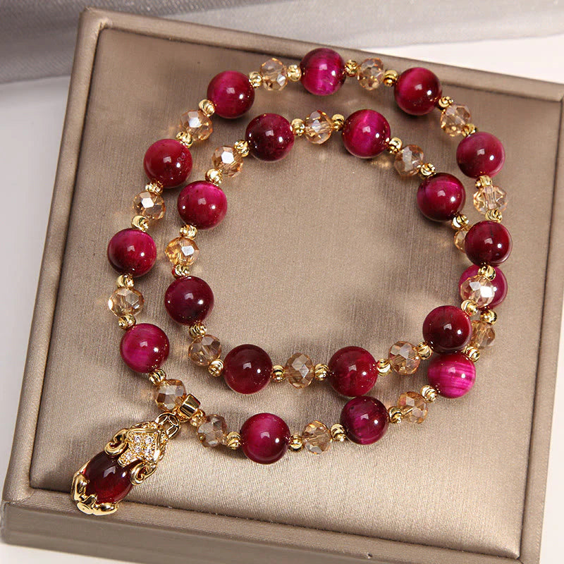 Buddha Stones Tiger Eye Pixiu Fox Money Bag Protection Self Confidence Double Wrap Bracelet