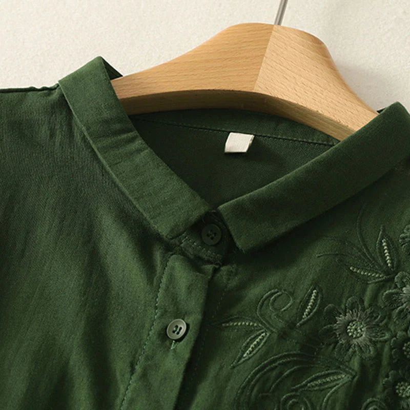 Buddha Stones Embroidered Flower Vine Pattern Long Sleeve Women's Lapel Shirt