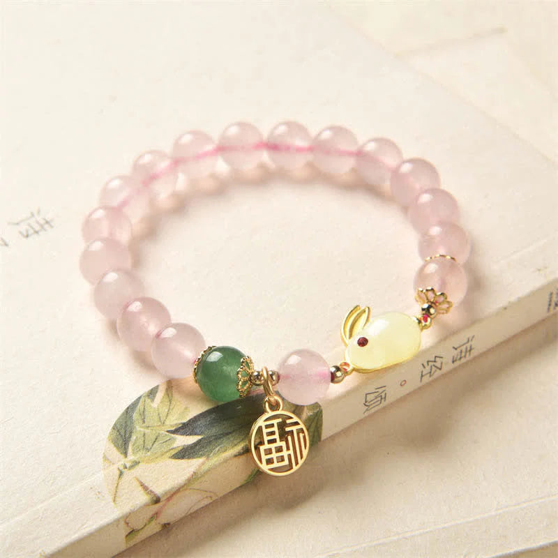 Year of the Rabbit Natural Pink Crystal Green Agate Bunny Love Happiness Bracelet