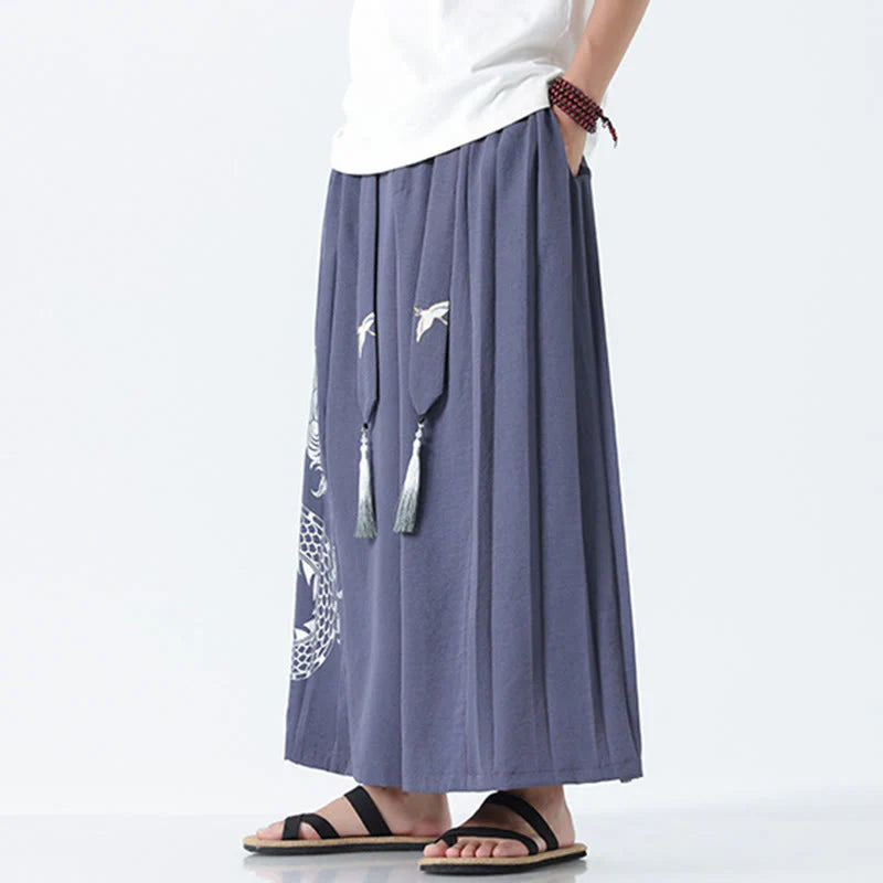 Buddha Stones Summer Dragon Drawstring Design Cotton Ankle-Length Men's Wide Leg Pants With Pockets