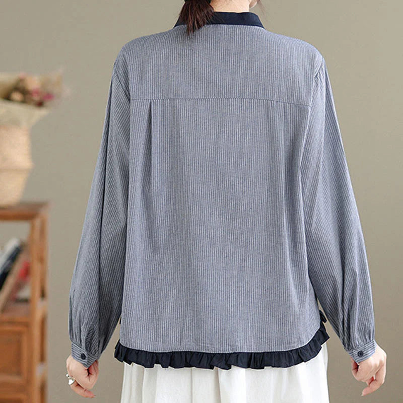 Buddha Stones Fall Plaid Striped Pattern Ruffled Hem Buttons Women's Cotton Long Sleeve Shirt