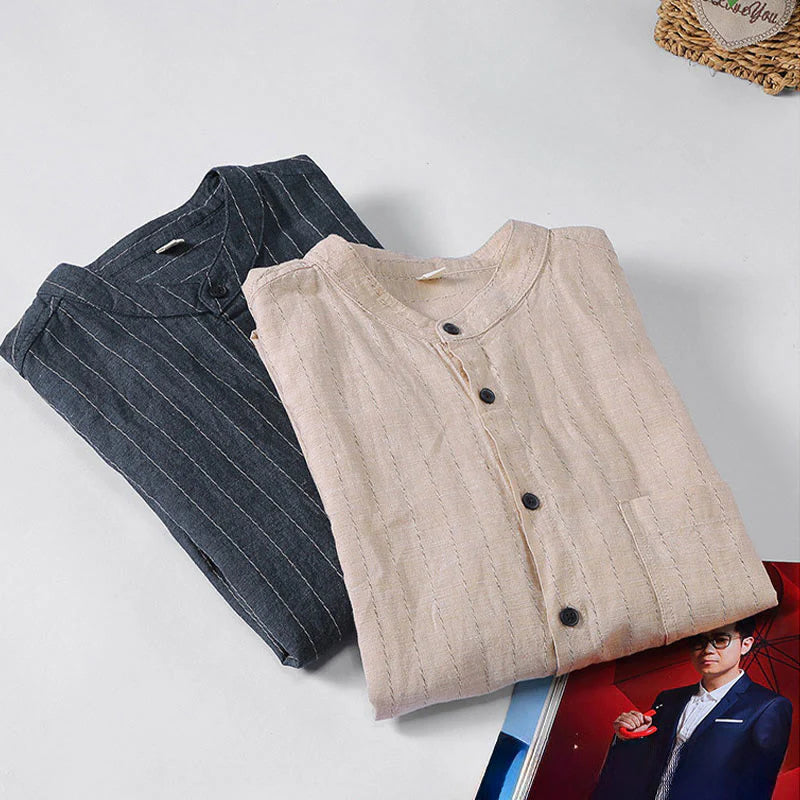 Buddha Stones Daily Tang Suit Men's Striped Pattern Cotton Linen Long Sleeve Shirt