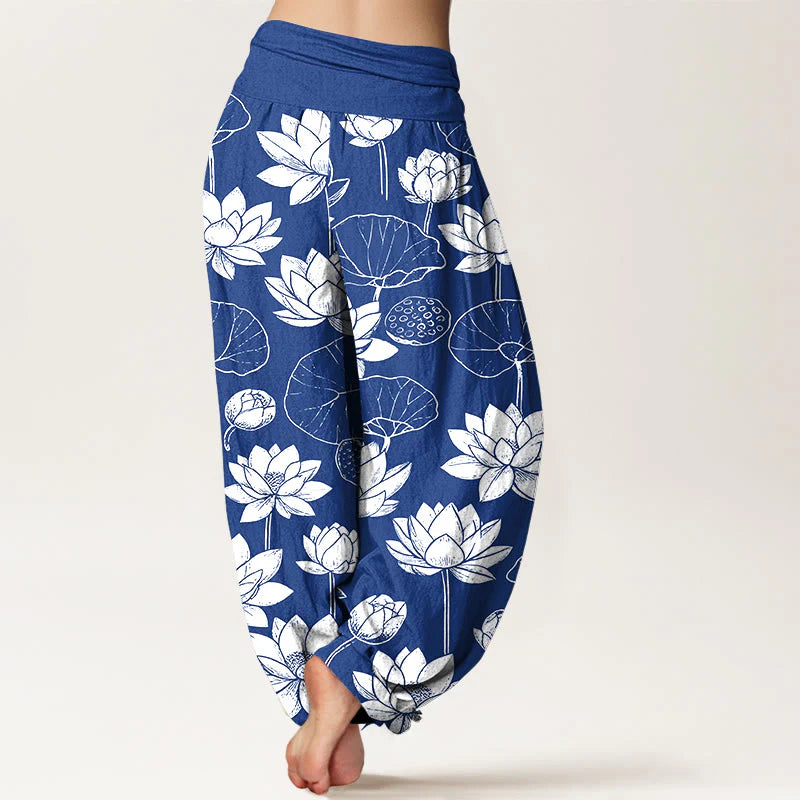 Buddha Stones Cotton Lotus Flowers Leaves Pods Pattern Women's Elastic Waist Harem Pants