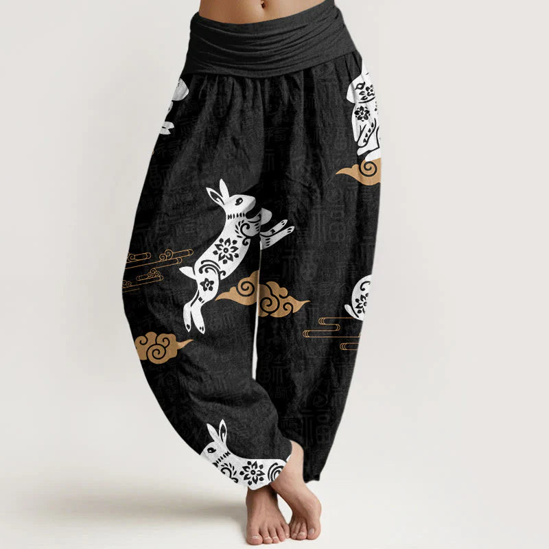 Buddha Stones Cotton White Rabbit Auspicious Cloud Pattern Women's Elastic Waist Harem Pants