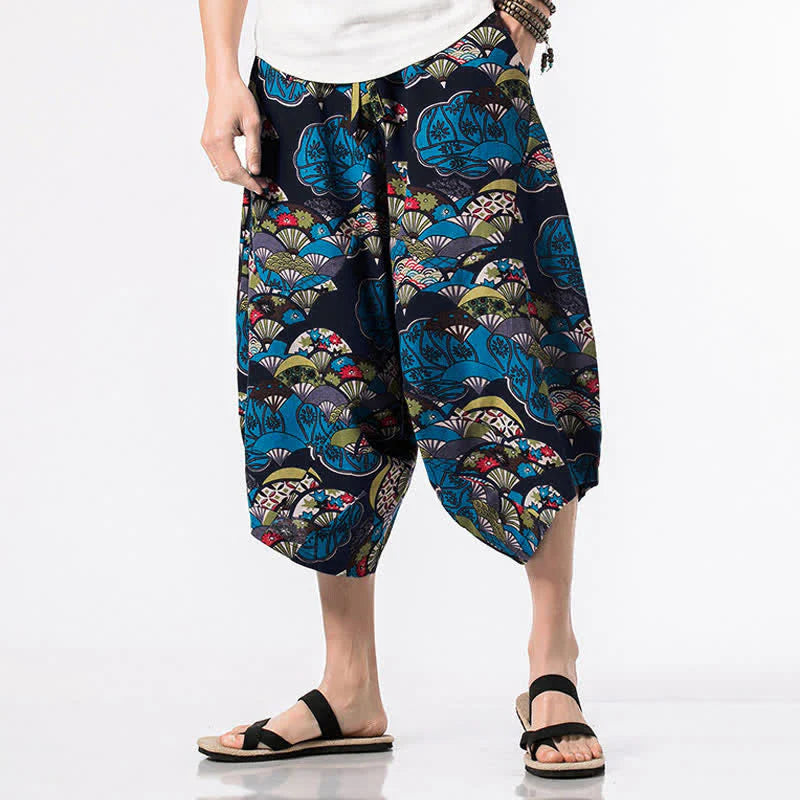 Buddha Stones Ethnic Printing Floral Geometric Pattern Men's Harem 7-8 Length Pants With Pockets