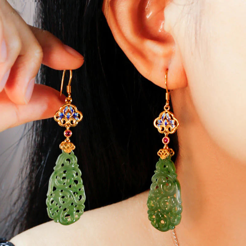 Buddha Stones Hollow Hetian Jade Enamel 925 Sterling Silver Prosperity Earrings