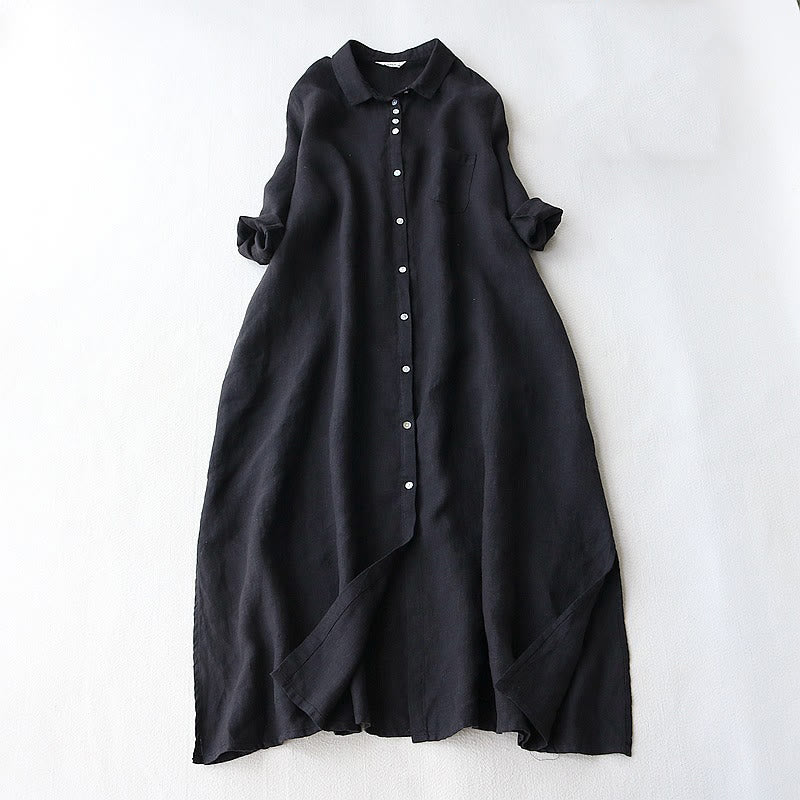 Buddha Stones Buttons Design Lapel Three Quarter Sleeve Midi Dress With Pockets