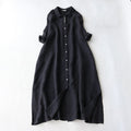 Buddha Stones Buttons Design Lapel Three Quarter Sleeve Midi Dress With Pockets