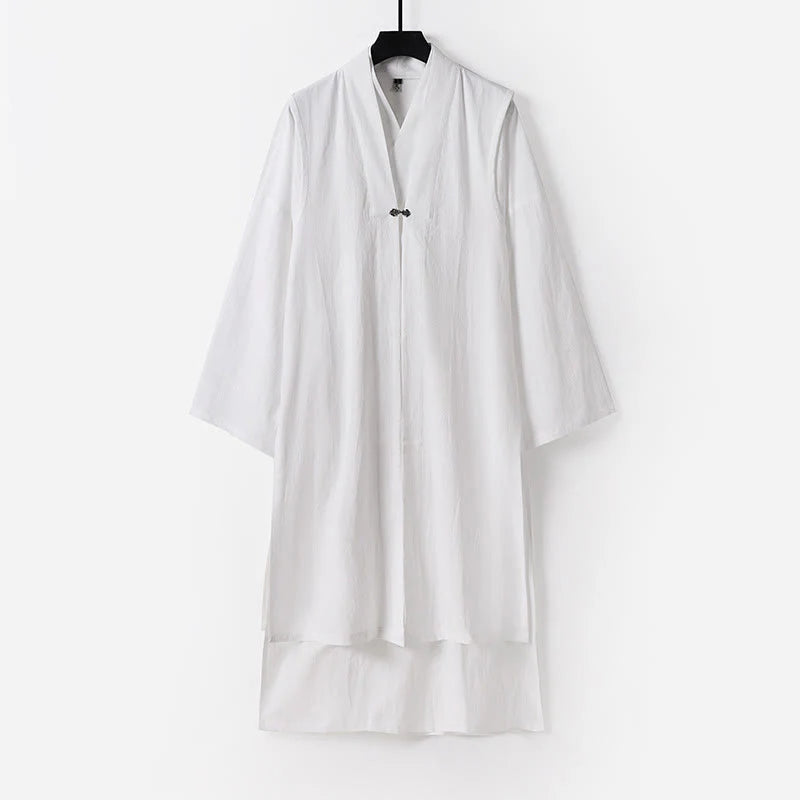 Buddha Stones 2Pcs Wudang Fall Solid Long Sleeve Men's Taoist Long Robe Sleeveless Vest Lace-up Kimono Ceremony Suit