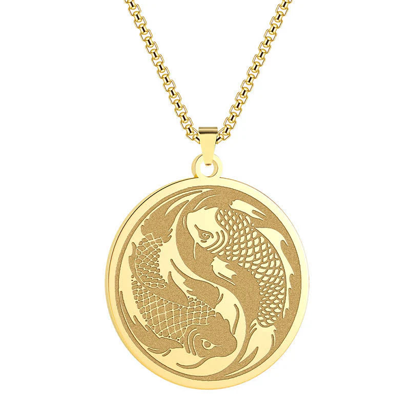 Buddha Stones Stainless Steel Double Koi Fish Success Necklace Pendant
