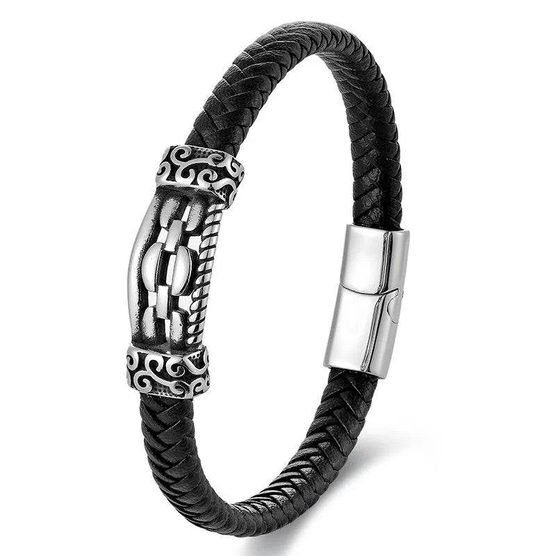 Buddha Stones Chain Link Design Titanium Steel Multi-layer Leather Balance Braided Bracelet