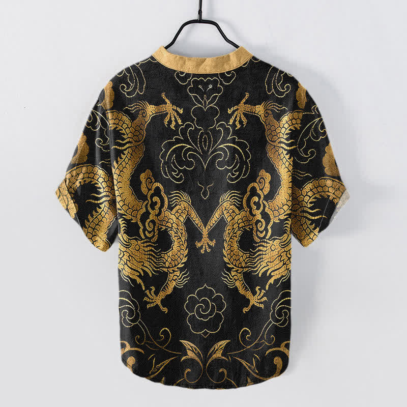 Buddha Stones Cotton Dragon Cloud Emblem Men's Short Sleeve Half Button Shirt