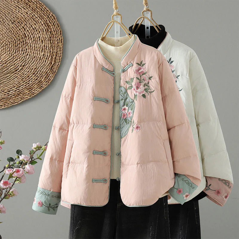Buddha Stones Peach Blossom Embroidery Frog-Button Long Sleeve Thermal Women's Jacket With Pockets