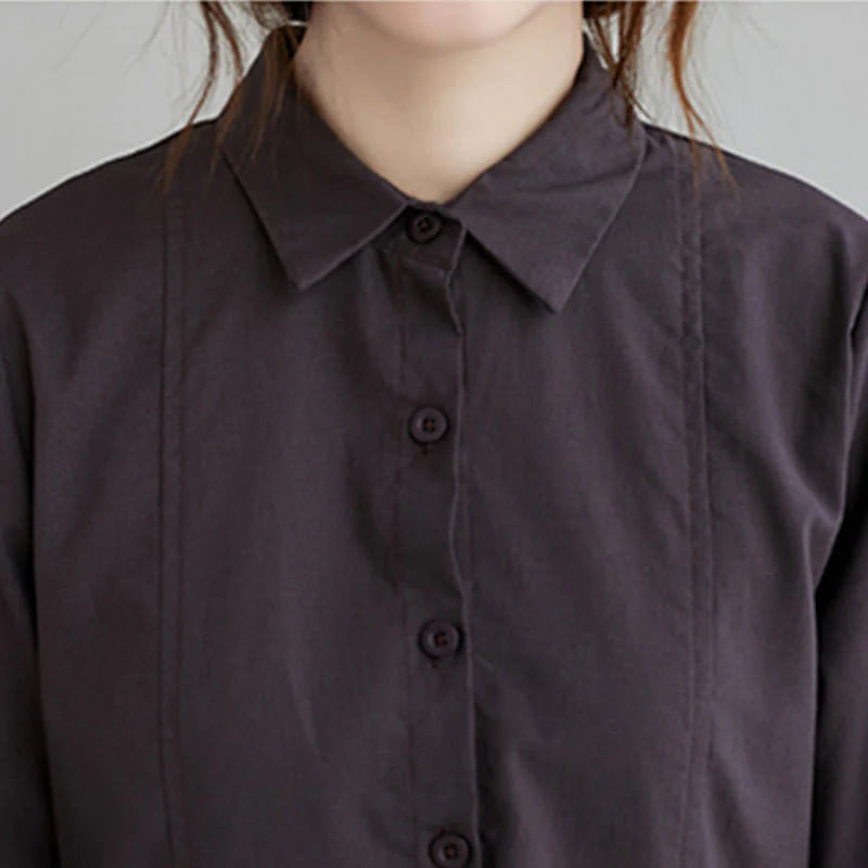 Buddha Stones Fall Solid Color Lace-Up Design Lapel Long Sleeve Cotton Midi Dress With Pockets
