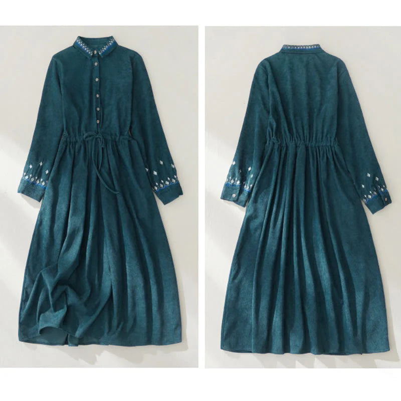 Buddha Stones Embroidered Floral Pattern Lace-up Design Long Sleeve Midi Dress With Pockets