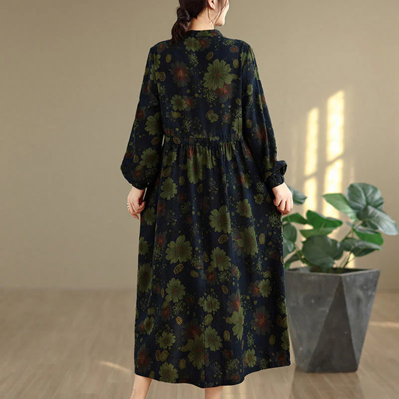 Buddha Stones Flower Pattern Long Sleeve Cotton Midi Dress With Pockets