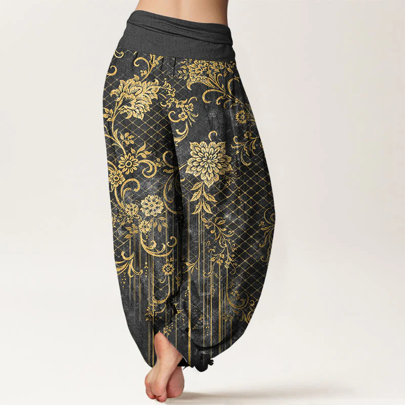 Buddha Stones Pure Cotton Classical Flower Leaf Vine Pattern Women's Elastic Waist Harem Pants