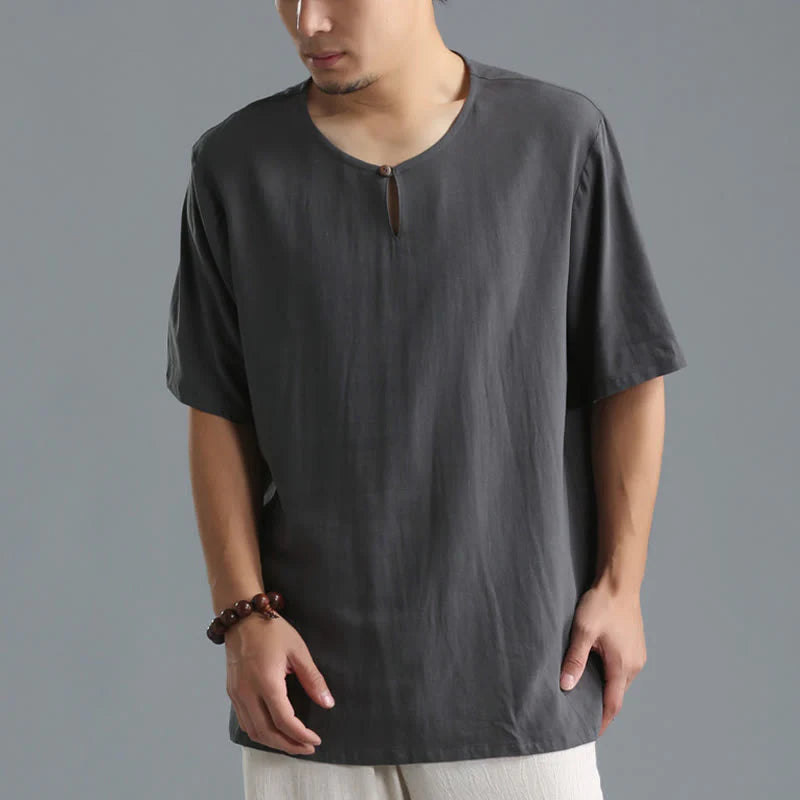Buddha Stones Men's Solid Color Round Neck Short Sleeve CottonÂ Linen Shirt