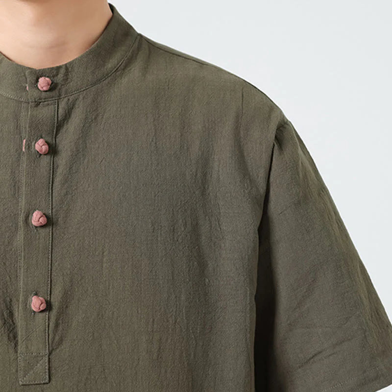 Buddha Stones Casual Half Frog-Button Design Stand Collar Tang Suit Men's Half Sleeve Cotton Shirt With Pocket