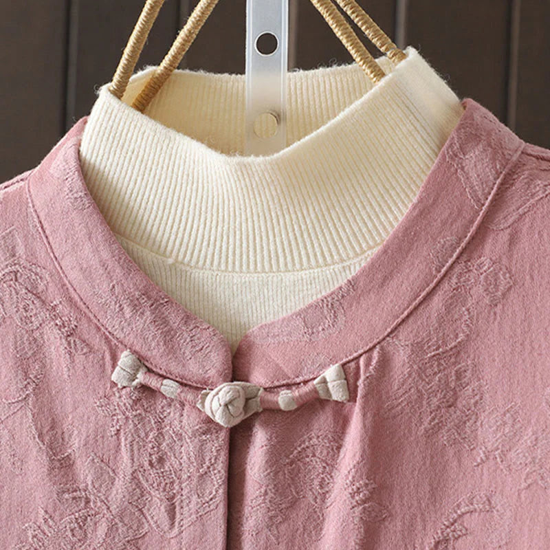 Buddha Stones Casual Women's Flower Pattern Long Sleeve Stand Collar Cotton Shirt