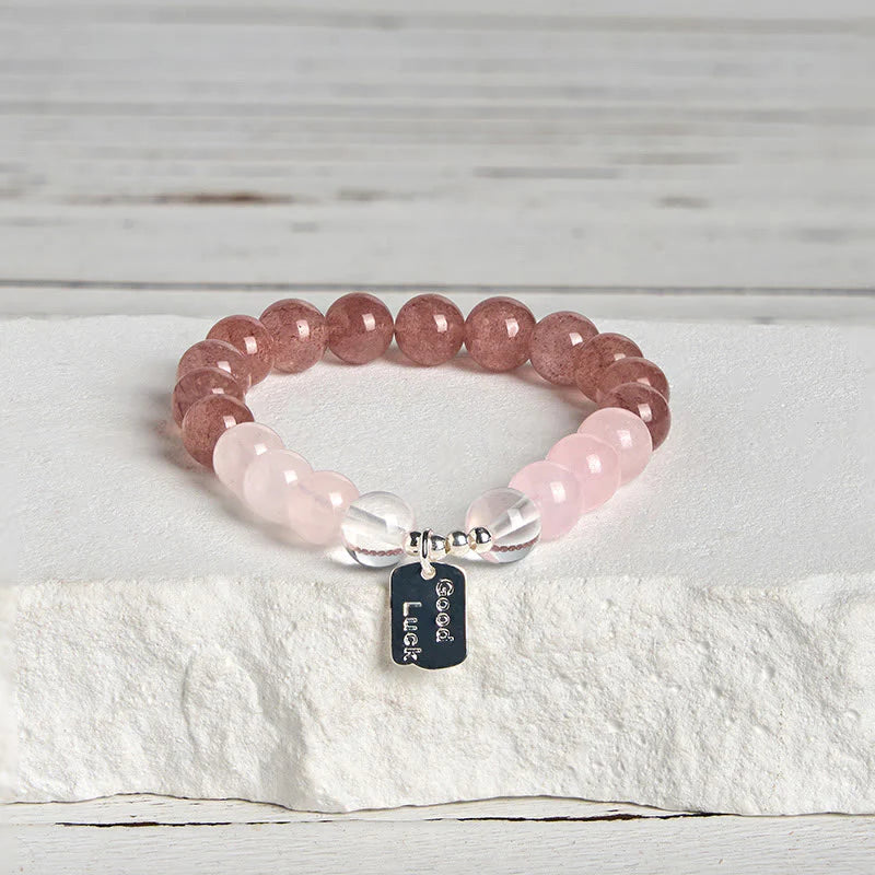 Buddha Stones Amethyst Rose Quartz Strawberry Quartz Good Luck Charm Bracelet