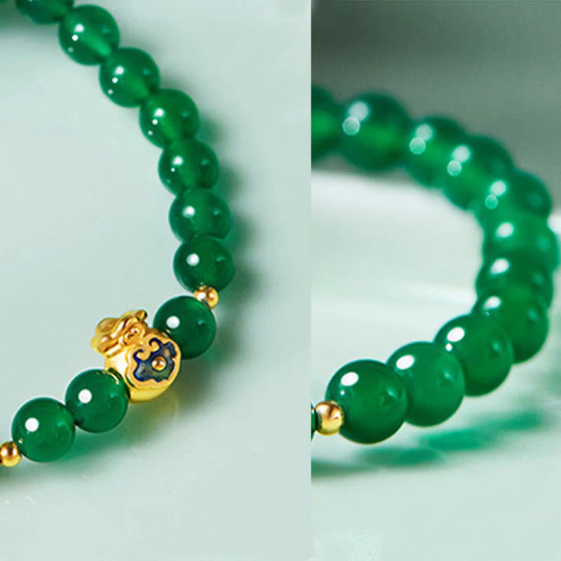 Buddha Stones 999 Sterling Silver Lucky Bag Green Chalcedony Calm Bracelet
