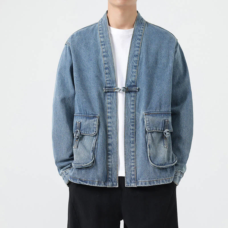 Buddha Stones Denim Button Design Men's Cotton Long Sleeve Jacket With Pockets