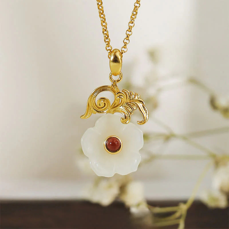 Buddha Stones Hetian Jade Flower 925 Sterling Silver Luck Necklace Pendant