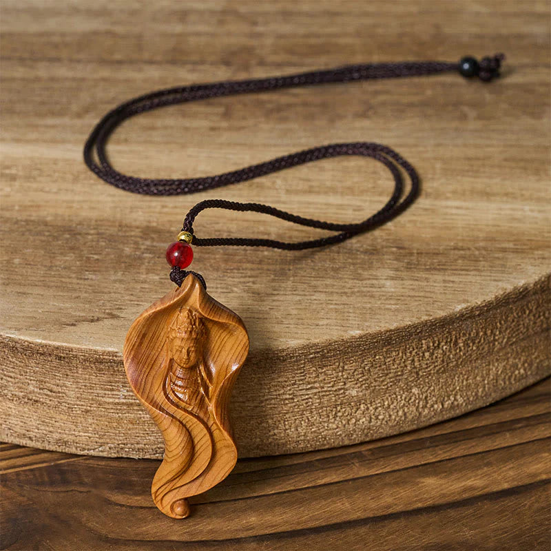 Buddha Stones Guanyin Kwan Yin Avalokiteśvara Lotus Leaf Platycladus Orientalis Wood Wealth Necklace Pendant