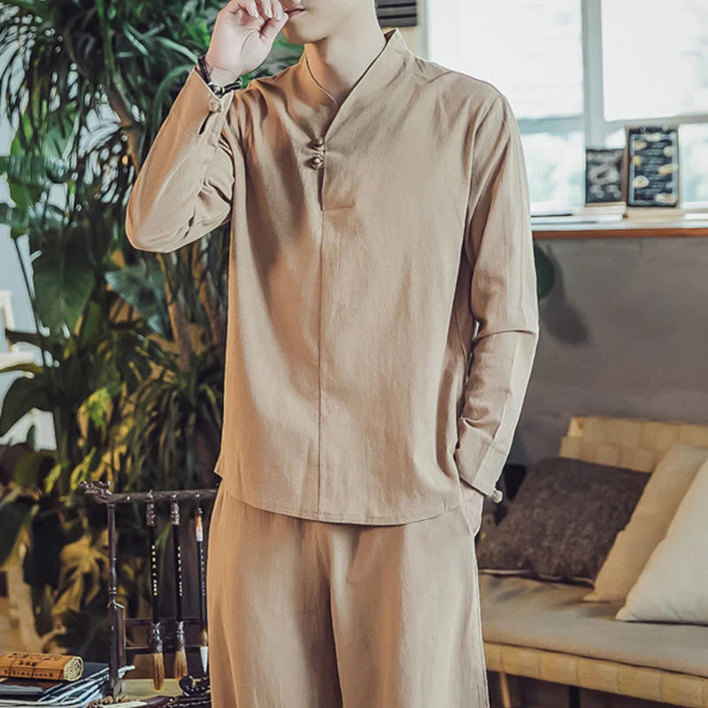 Buddha Stones 2Pcs Shirt Ankle-Length Pants With Pockets Men's Meditation Cloth Set