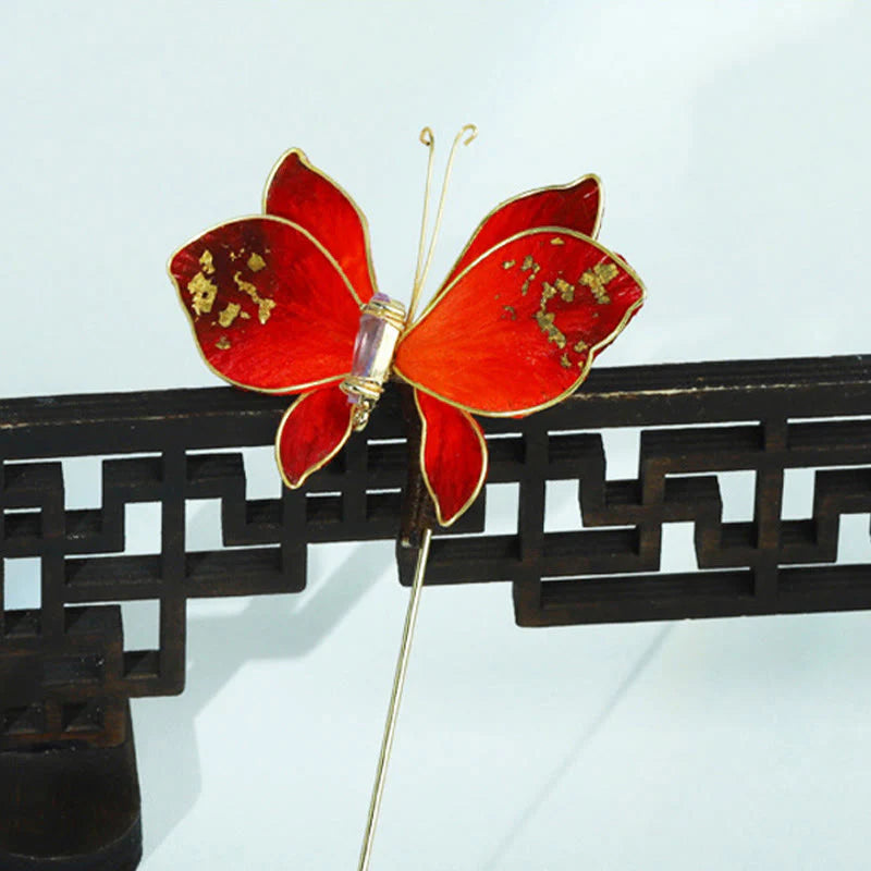 Buddha Stones Handcrafted Silk Art Velvet Flower Red Butterfly Brooch