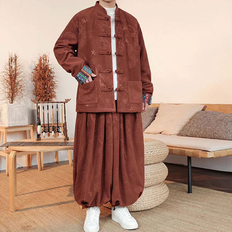 Buddha Stones 2Pcs Fall Winter Men's Tang Suit Dragon Frog-Button Cotton Long Sleeve Jacket Pants Set