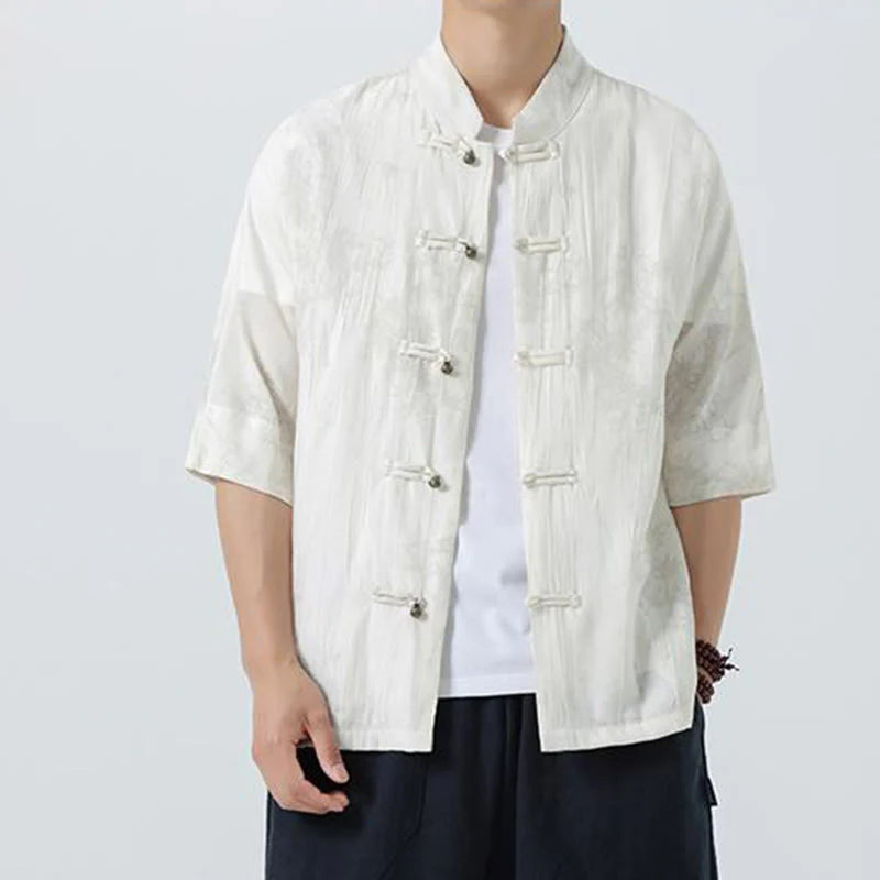 Buddha Stones Summer Pine Needles Pattern Short Sleeve Frog-Button Design Men's Shirt