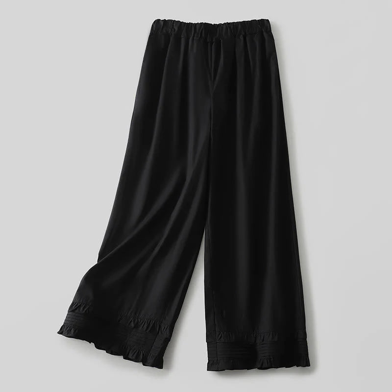 Buddha Stones Artistic Commute Pure Color Ruffled Hem Design Women's Cotton Linen Pants With Pockets