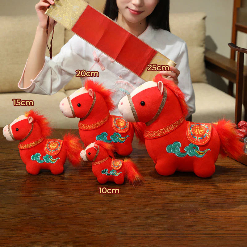 Buddha Stones Year Of The Horse Auspicious Cloud Pattern Stuffed Red Pony Plush Doll Home Decoration