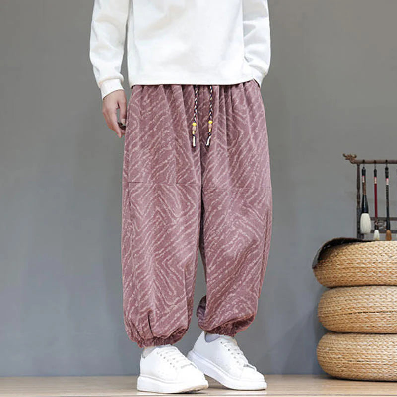 Buddha Stones Fall Texture Drawstring Design Corduroy Cotton Linen Men's Harem Pants With Pockets