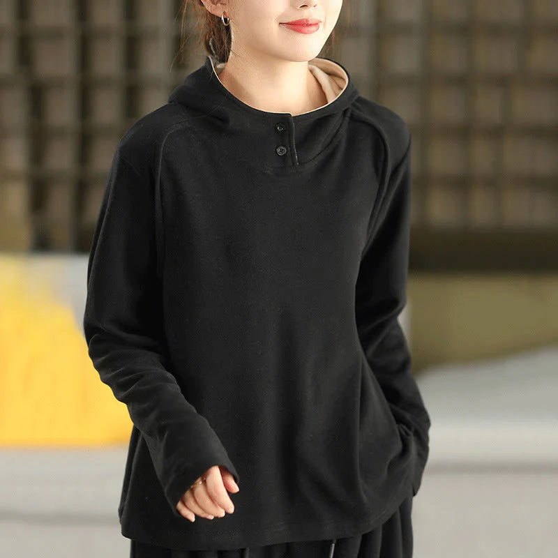 Buddha Stones Winter Solid Color Cotton Thickened Long Sleeve Women's Hoodie Has Hood