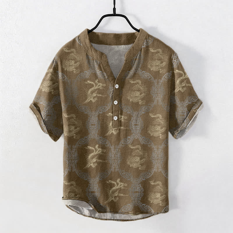 Buddha Stones Cotton Dragon Phoenix Emblem Men's Short Sleeve Half Button Shirt