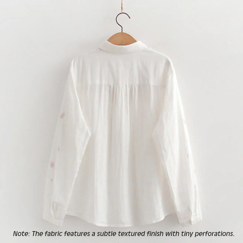 Buddha Stones Fall Pink Plum Blossoms Embroidery Buttons Women's Cotton Long Sleeve Shirt
