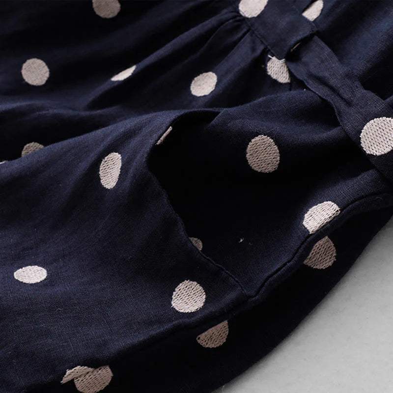 Buddha Stones Polka Dot V-Neck Lace-up Cotton Linen Women's Midi Dress With Pockets